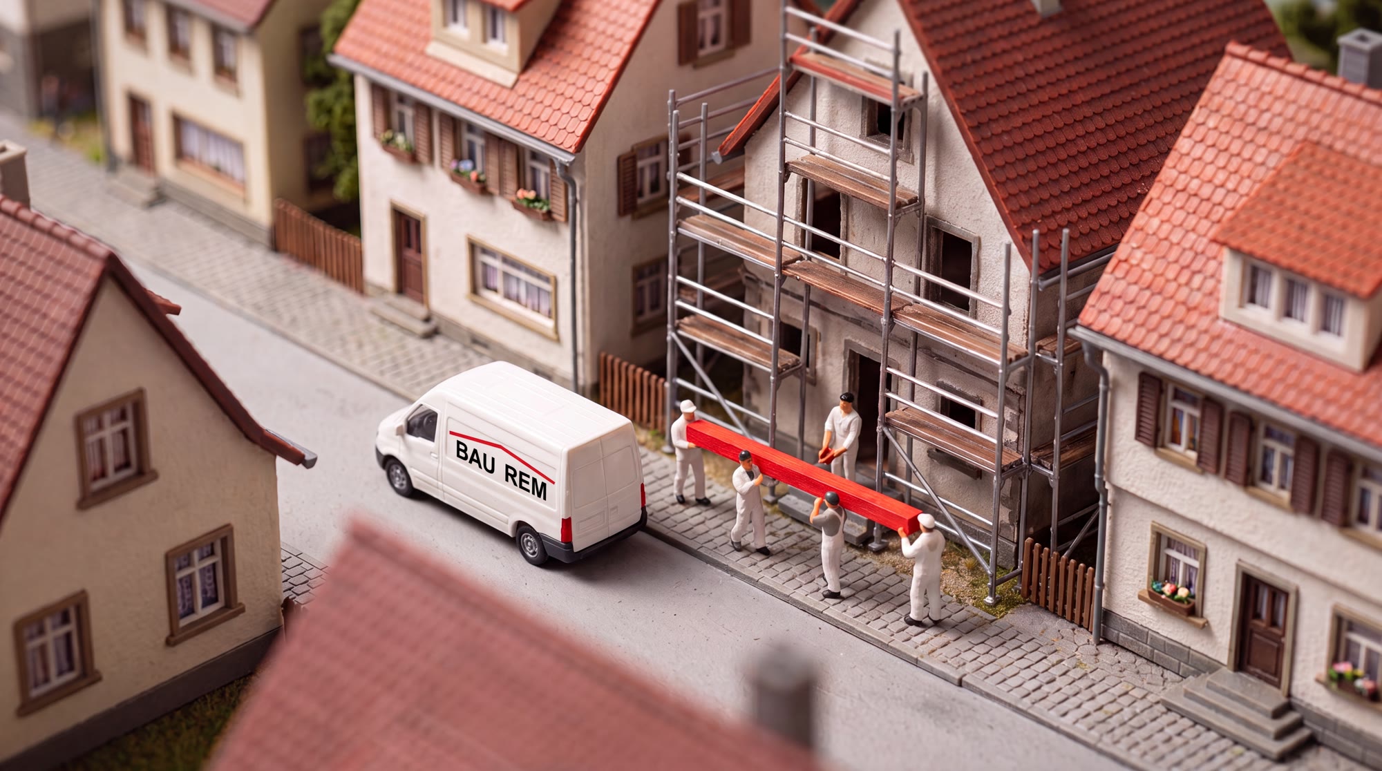 Miniatur-Modell einer Straße: das Bau Rem Team trägt einen roten Balken zu einem eingerüsteten Haus, daneben der weiße Firmenwagen