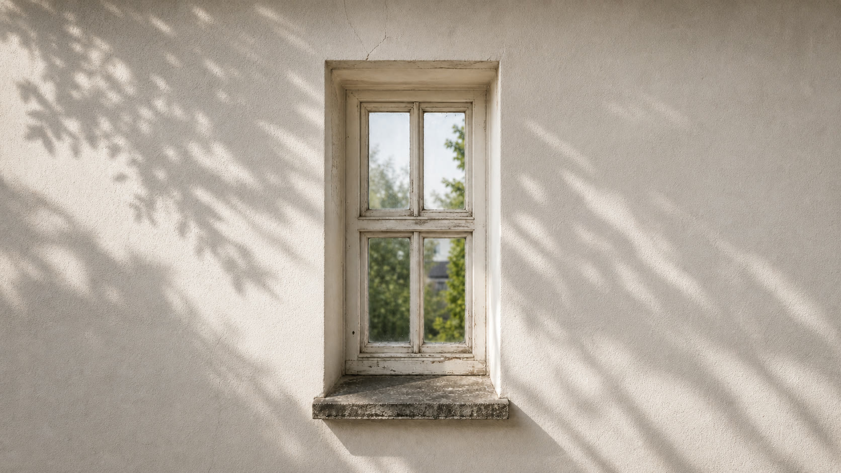 Altes Holzfenster mit abblätternder Farbe vor der Erneuerung